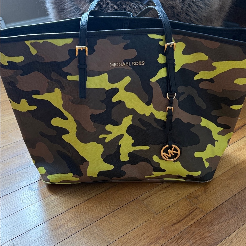 Michael Kors lime green and Brown Camouflage Tote